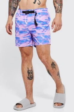 Mid Length Abstract Cargo Swim Shorts