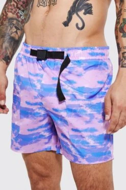 Mid Length Abstract Cargo Swim Shorts -Ocean Streetwear male purple mid length abstract cargo swim shorts 3