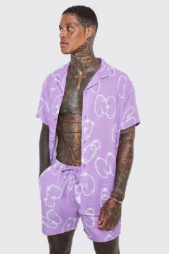 Short Sleeve Oversized Poly Branded Shirt And Swim Set -Ocean Streetwear male purple short sleeve oversized poly branded shirt and swim set 3