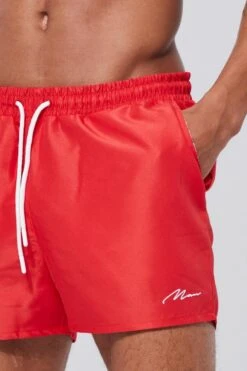 Man Signature Short Length Swim Shorts -Ocean Streetwear male red man signature short length swim shorts 3