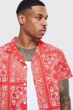 Short Sleeve Bandana Swirl Shirt And Swim Short -Ocean Streetwear male red short sleeve bandana swirl shirt and swim short 3