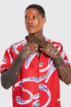 Short Sleeve Metallic Swirl Shirt And Swim Short -Ocean Streetwear male red short sleeve metallic swirl shirt and swim short 3