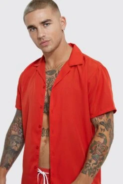 Short Sleeve Revere Plain Shirt & Short Swim Set 6 Short Sleeve Revere Plain Shirt & Short Swim Set -Ocean Streetwear male red short sleeve revere plain shirt short swim set 2