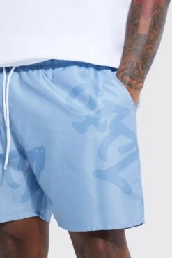 Plus Graffiti Print Swim Shorts -Ocean Streetwear male slate20blue plus graffiti print swim shorts 1 3