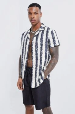 Short Sleeve Revere Linen Stripe Shirt & Swim Short Set -Ocean Streetwear male stone short sleeve revere linen stripe shirt swim short set 3