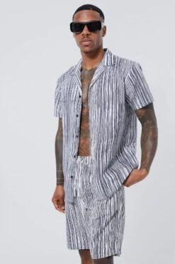 Short Sleeve Revere Stripe Swim Shirt & Short Set -Ocean Streetwear male stone short sleeve revere stripe swim shirt short set 1 3