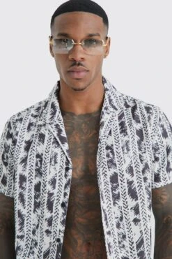 Short Sleeve Revere Stripe Swim Shirt & Short Set -Ocean Streetwear male stone short sleeve revere stripe swim shirt short set 2