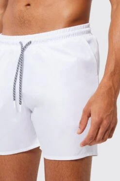 Mid Length Plain Drawcord Detail Swim Shorts 7 Mid Length Plain Drawcord Detail Swim Shorts -Ocean Streetwear male white mid length plain drawcord detail swim shorts 3