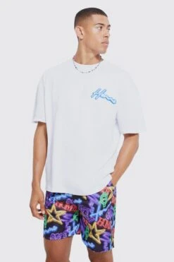 Oversized Homme T-shirt & Swim Short Set -Ocean Streetwear male white oversized homme t shirt swim short set 2