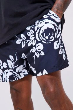 Plus Short Length 2 Pack Print & Plain Swim Shorts -Ocean Streetwear male white plus short length 2 pack print plain swim shorts 2