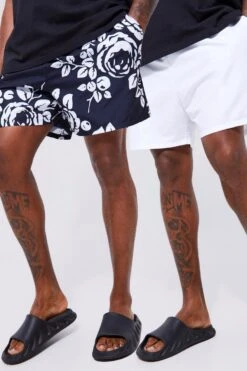 Plus Short Length 2 Pack Print & Plain Swim Shorts