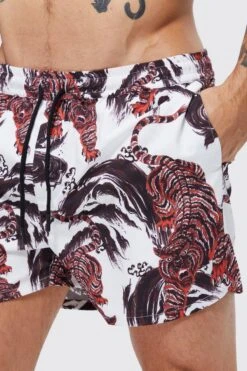 Short Length Tiger Swim Shorts -Ocean Streetwear male white short length tiger swim shorts 3