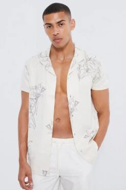 Short Sleeve Revere Linen Graphic Shirt & Swim Set -Ocean Streetwear male white short sleeve revere linen graphic shirt swim set 3