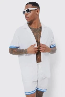 Short Sleeve Tape Revere Shirt & Swim Short Set -Ocean Streetwear male white short sleeve tape revere shirt swim short set 2