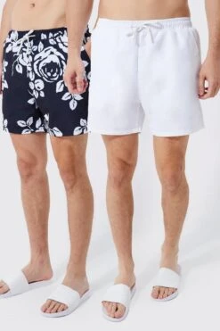 Tall Short Length 2 Pack Print & Plain Swim Shorts